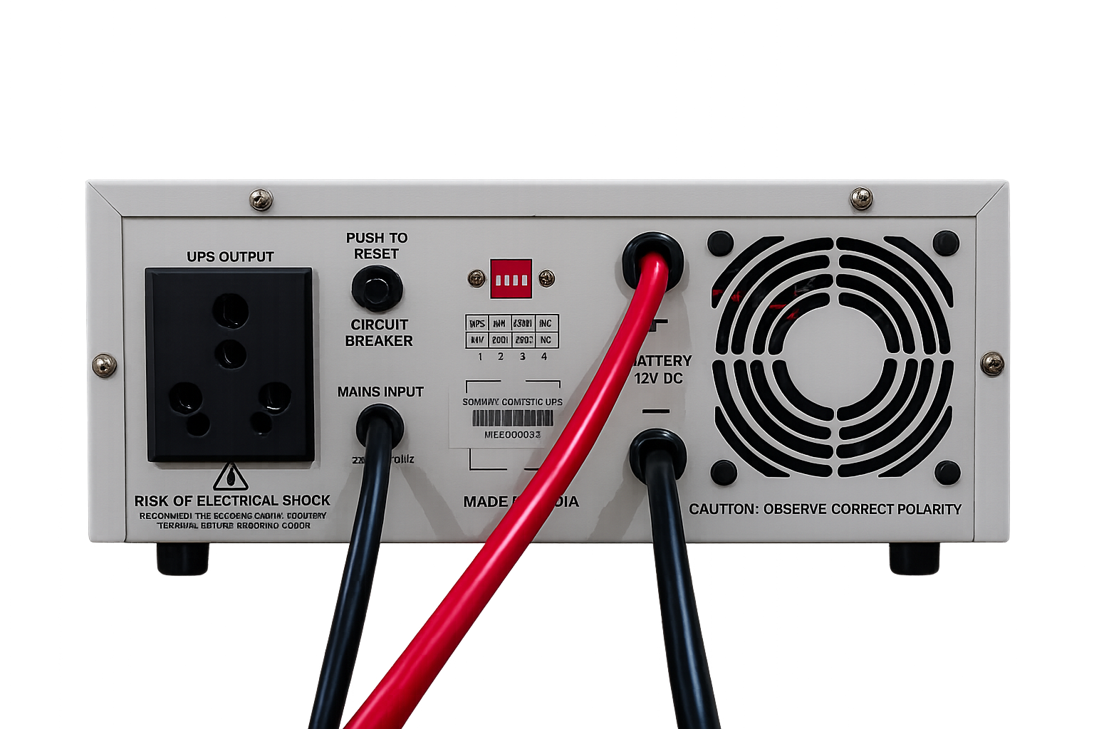UPS rear panel with connections and labels